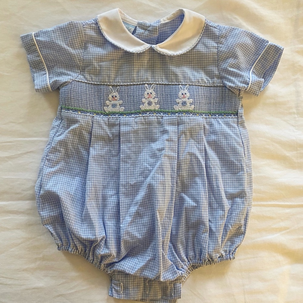 Blue Gingham Baby Romper with Bunny Design